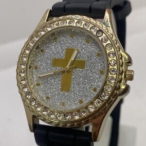 Womens Gold Tone Rhinestone Black Rubber Watch Works New Battery Faith Cross